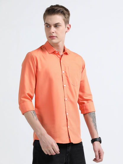 Men's Cotton Full Sleeve Regular Fit Casual Solid Shirt with Spread Collar-Light Orange