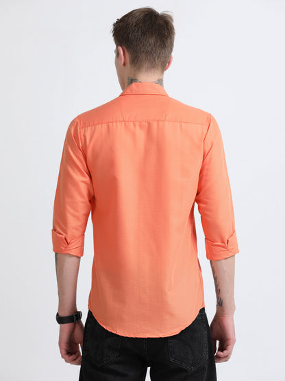 Men's Cotton Full Sleeve Regular Fit Casual Solid Shirt with Spread Collar-Light Orange
