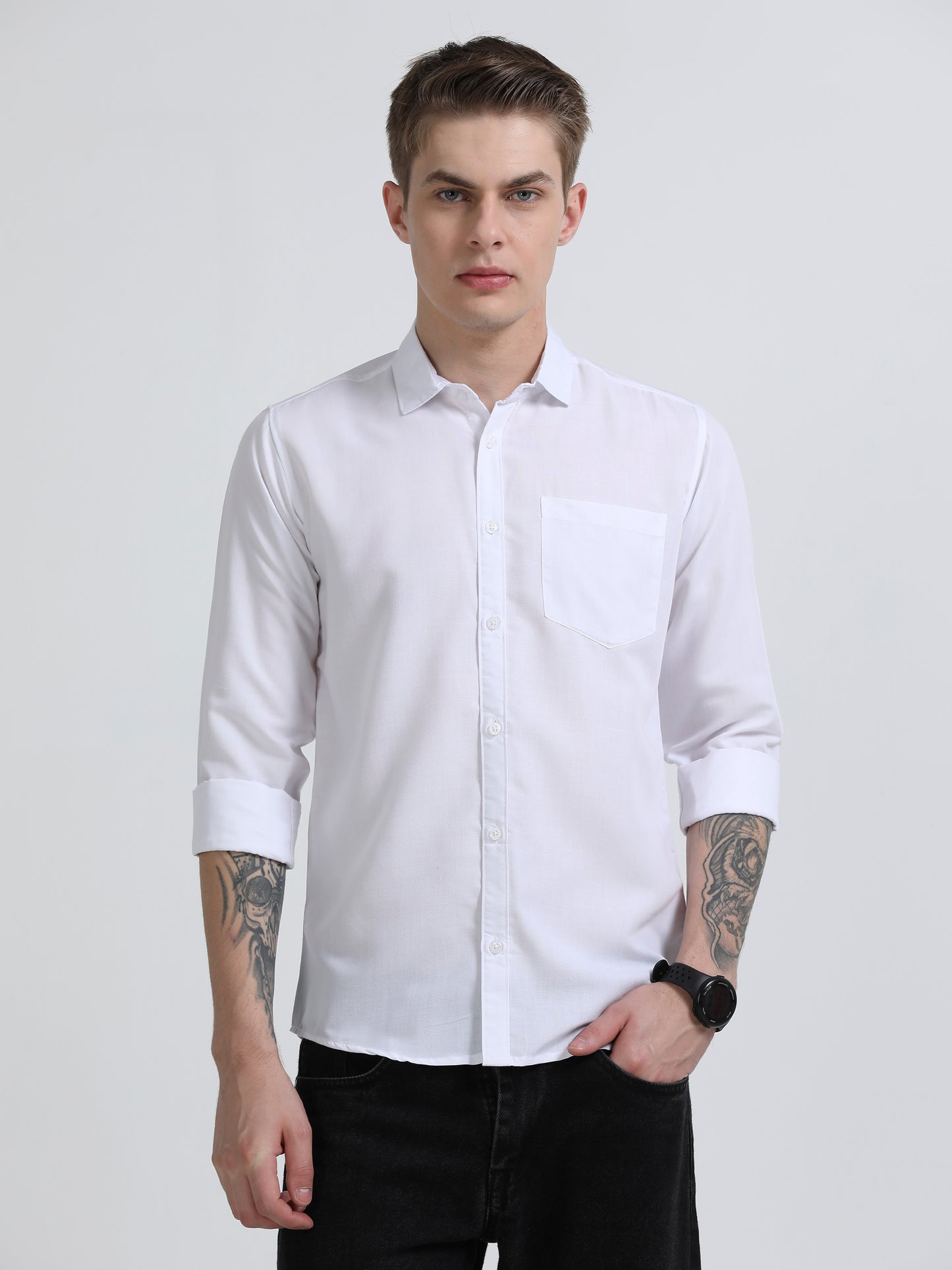 Men's Cotton Full Sleeve Regular Fit Casual Solid Shirt with Spread Collar-White