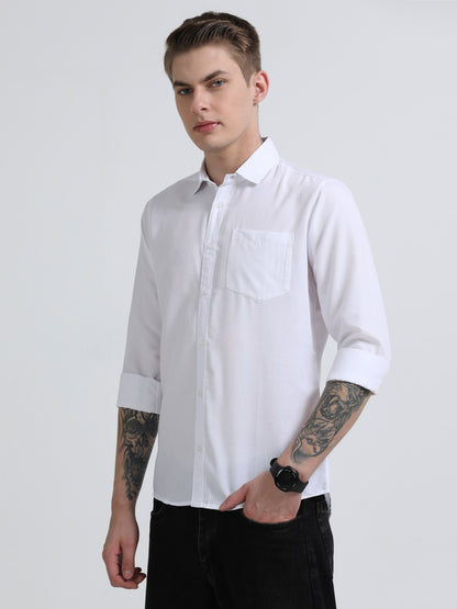 Men's Cotton Full Sleeve Regular Fit Casual Solid Shirt with Spread Collar-White