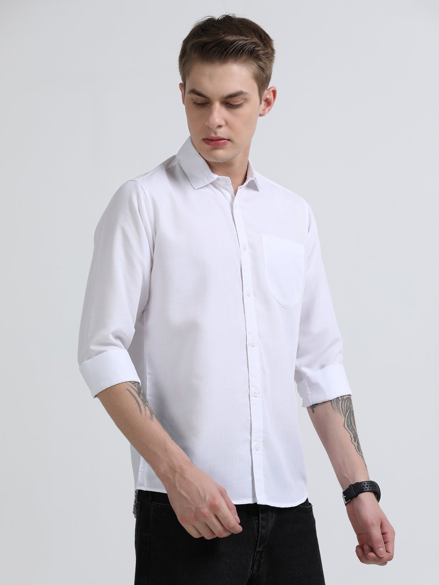 Men's Cotton Full Sleeve Regular Fit Casual Solid Shirt with Spread Collar-White