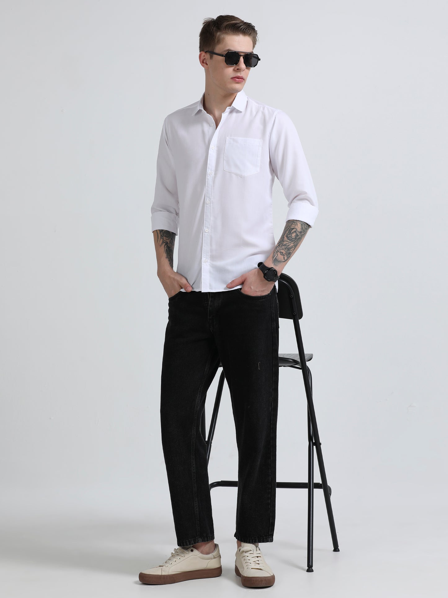 Men's Cotton Full Sleeve Regular Fit Casual Solid Shirt with Spread Collar-White
