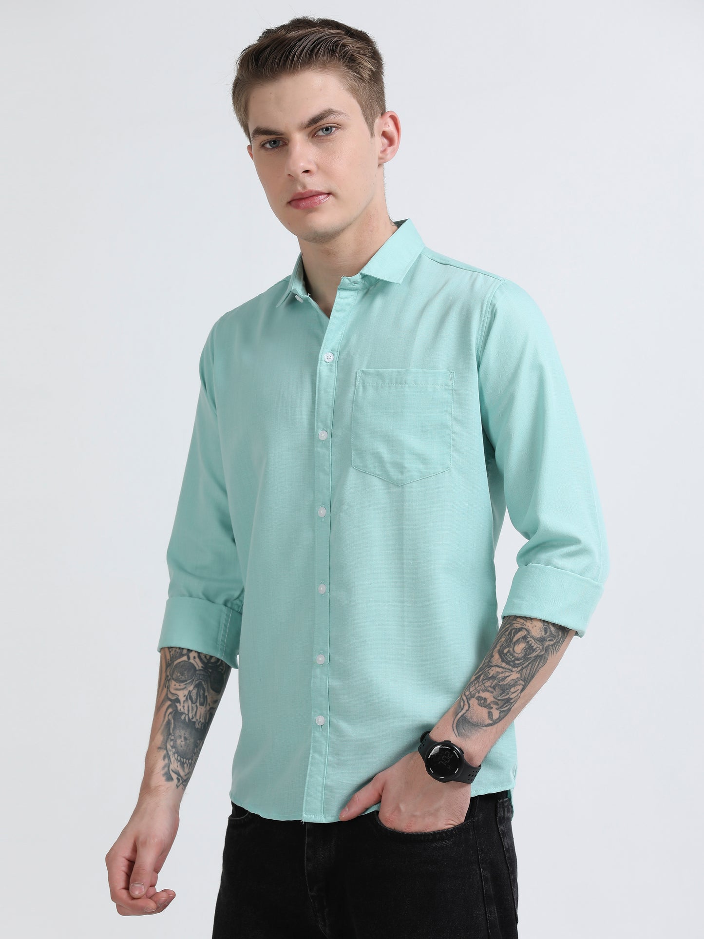 Men's Cotton Full Sleeve Regular Fit Casual Solid Shirt with Spread Collar-Mint Green