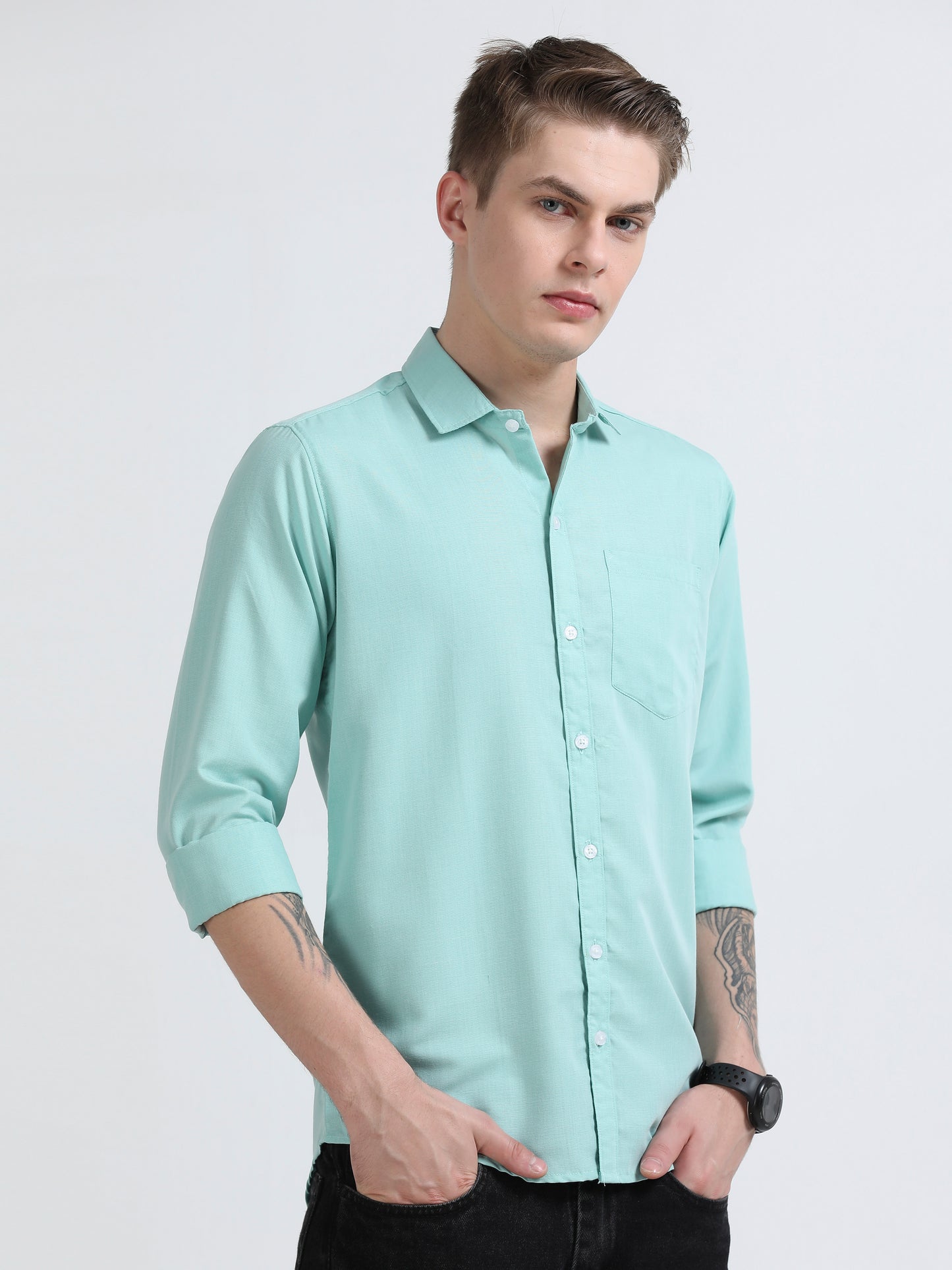 Men's Cotton Full Sleeve Regular Fit Casual Solid Shirt with Spread Collar-Mint Green