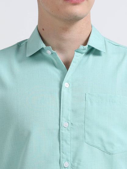 Men's Cotton Full Sleeve Regular Fit Casual Solid Shirt with Spread Collar-Mint Green